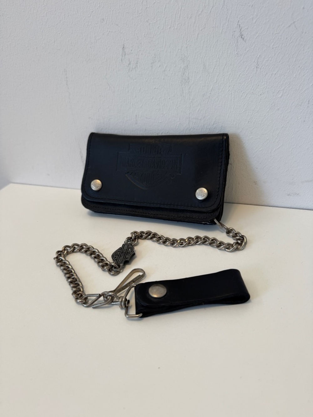 Harley-Davidson Black Leather Chain Wallet Biker Trifold Logo Embossed - Picture 4 of 16